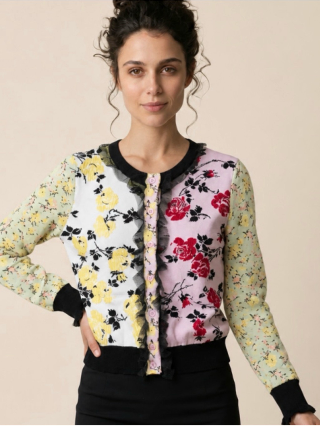 Alexander Mcqueen Patchwork Floral Ruffle Knit Cardigan